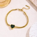 Elegant gold Cuban chain bracelet with heart-shaped green zircon and polished finish - Green Rhinestone Bracelet (70044)