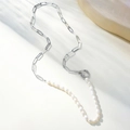 Minimalist Baroque pearl and silver paperclip chain necklace with elegant toggle clasp detail - Silver