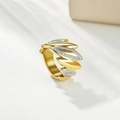 Elegant gold plated stainless steel feather ring with shimmering zircon leaf pattern - US 7 / Leaf Shape Style (JZ6982)