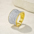 Macro shot of wide gold-plated ring with micro-pave cubic zirconia on sand texture - US 7 / Wide Pave Style (JZ6976)