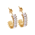 Detail showing C-shaped 18k gold plated hoop earrings with channel set baguette zircons - 14mm*6mm / Gold + White Zircon (E169)