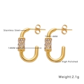 Macro detail of 18k gold plated J-hoop earrings featuring dimensions and zircon inlay - Gold J-Shape Style (E176)