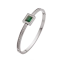 Silver bangle with emerald-cut green stone and pavé zircon stones in a sleek finish - Silver Color With Green Rhinestone