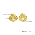 Golden stainless steel stud earrings with quilted texture and center pearl inlay - Pearl Quilted (E253)