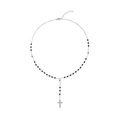 Rosary-style long tassel necklace with black beads and silver cross pendant on white back - Silver
