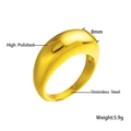 Detail view of 8mm wide polished gold stainless steel ring weighing 5.9g with glossy finish - US 7 / Wide Dome Polished Band Style (R165)