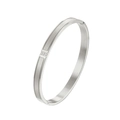Detail view of silver stainless steel bangle with three embedded cubic zirconia stones - Steel