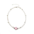 Detail of silver layered anklet featuring a pink round gemstone and adjustable lobster clasp - Silver Pink Rhinestone