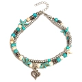 Boho-Fußkettchen mit Türkisperlen, Seestern-Anhängern und silbernem Herz-Charm - Herzanhänger