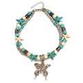Boho-Fußkettchen mit türkisfarbenen Perlen, Seesternen und Retro-Silber-Schmetterling - Schmetterlingsanhänger