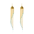 Exquisite golden Jhumka tassel earrings with turquoise beads in elegant Indian style - Long Tassel Jhumka / Gold