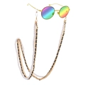 Fashionable multi-layer eyewear chain with gold links, pearls, and black leather cord - Gold