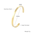 Detailed specs of the 4mm gold polished stainless steel open bangle with size measurements - Brushed Gold (Small)
