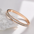 Elegant rose gold plated titanium steel bangle with sparkling baguette-cut cubic zirconia - Rose Gold + White Rhinestone (B144)