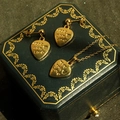 Close-up of gold heart jewelry set with engraved made with love text on a vintage box - LOVE Heart Pattern / 3-Piece Set (Without Chain)