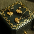 Elegant 14k gold heart jewelry set including stud earrings and necklace on velvet box - Heart Pattern / 3-Piece Set (Without Chain)