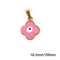 Detailed macro view of pink enamel four-leaf clover pendant with evil eye motif and gold edges - Pink
