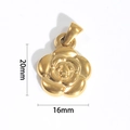 Macro shot of gold stainless steel rose flower pendant showing dimensions 20mm by 16mm - Camellia Shape (BAD025G)