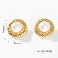 Detail of 26mm vintage hammered gold earrings with large pearl inlay for women - Hammered Round Pearl Style (BAE018G)