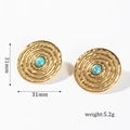 Detailed macro view of 31mm vintage gold earrings with spiral texture and blue stone inlay - Concentric Turquoise Style (BAE021G)