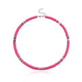 Macro view of 6mm pink and rainbow heishi clay bead necklace with silver lobster clasp - Rose Pink (Style 3)