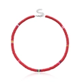 Detail of red polymer clay Heishi beads choker with striped accents and silver lobster clasp - Red (Style 4)