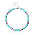 Detail of blue heishi bead anklet with colorful accents and adjustable lobster clasp - Sky Blue