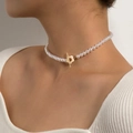 Minimalist pearl choker necklace with a gold floral OT toggle clasp for women - SY324【Gold】-Gold Flower OT Buckle Pearl Necklace