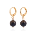 Boucles d'oreilles créoles dorées avec pendentif sphérique en œil de tigre - Noir