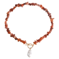 Irregular reddish-brown stone necklace with gold OT buckle and baroque pearl charm - Reddish Brown Stone Style With Pearl (ZW2227)