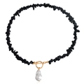 Baroque pearl necklace with black irregular stones and gold OT buckle closure - Black Stone Style With Pearl (ZW2321)
