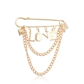 Golden safety pin brooch with LOVE letters heart and butterfly tassels for women - Gold