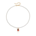 Fashion pearl necklace featuring a festive red enamel bell pendant and gold clasp - Christmas Bell (ZW2770)