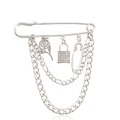 Silver punk rose pendant brooch with rhinestone padlock and chain charms on a large pin - Steel