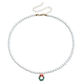 Elegant pearl necklace featuring a green and red Christmas wreath pendant with golden clasp - Christmas Wreath (ZW2845-5#)