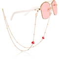 Pink lens sunglasses with gold metal chain and red mushroom charm detail - Style 3 (Colorful Mini Beads)