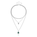 Drielagige zilveren ketting met platte slangenketting en smaragdgroene druppel hanger - Staalkleur