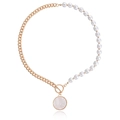 Golden alloy chain and pearl necklace featuring a circular shell-style pendant and OT buckle - Pearl Spliced Shell Round Tag (ZW047) / Gold