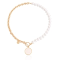 Minimalist OT clasp necklace with half pearl and gold metal chain featuring a round pendant - Pearl Spliced Polished Round Tag (ZW3232) / Gold
