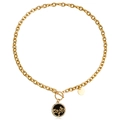 Gold chunky chain necklace with tree of life pendant and crystal border in circle layout - Tree of Life Rhinestone Round Tag (ZW807) / Gold