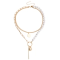 Layered gold necklace featuring baroque pearls, paperclip chain, and metallic pendants - Layered Multi-Pendant Set (ZW2438) / Gold