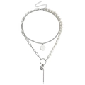 Detail of layered silver chain necklace with white pearls and minimalist metallic pendants - Layered Multi-Pendant Set (ZW2438) / Steel