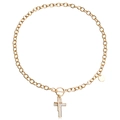 Gold punk chain necklace with a cross pendant and OT buckle on a plain white background - Cross Mother of Pearl Square Tag (ZW2499) / Gold