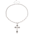 Vintage multi-layer necklace with silver metal cross pendant and white faux pearls - Artificial Pearl Cross Style (ZW599) / Silver
