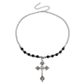 Gothic multilayer cross necklace with black beads and silver chain in retro style - Black Glossy Bead Cross Style (ZW2006) / Black