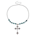 Vintage multi-layer necklace with blue gradient beads and silver cross pendant - Blue-Green Gradient Bead Cross Style (ZW2008) / Teal