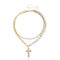 Detailed close-up of double-layer necklace with cross pendant and baroque pearls - Paperclip Spliced Cross (ZW2550) / Gold
