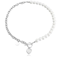 Detail of pearl and silver chain necklace with toggle clasp and heart pendant charms - Pearl Spliced Heart Round Tag (ZW1467) / Steel