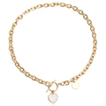 Gold chunky chain necklace featuring an OT clasp with heart shell and disc pendants - Heart Mother of Pearl Round Tag Set (ZW1389) / Gold