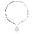 Chic silver Cuban chain necklace with white pearls, OT toggle clasp, and shell pendant - Pearl Spliced Shell Round Tag (ZW047) / Steel